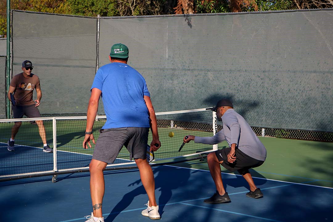 October 14, 2019 | San Luis Obispo Country Club | Returning the serve can be tough when trying to avoid an area of the court. It is important to be  positioned behind the “kitchen” to avoid losing a point. The kitchen is the front area between the net and the blue line that indicates a dead zone area. “You can’t take a ball out of the air in the kitchen, if you do the point goes to your opponent,” Sarah Kreukel said. 
